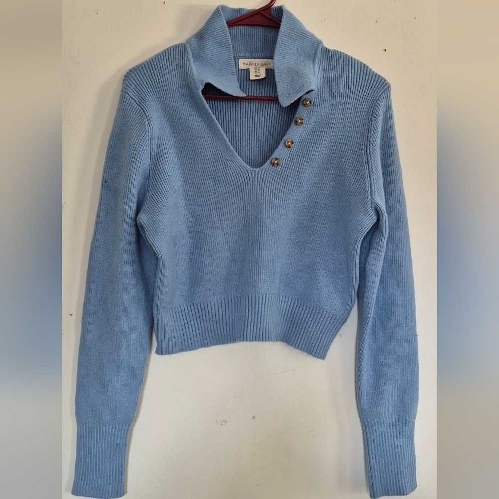Elegant V-Neck Blue Sweater with Button Accents